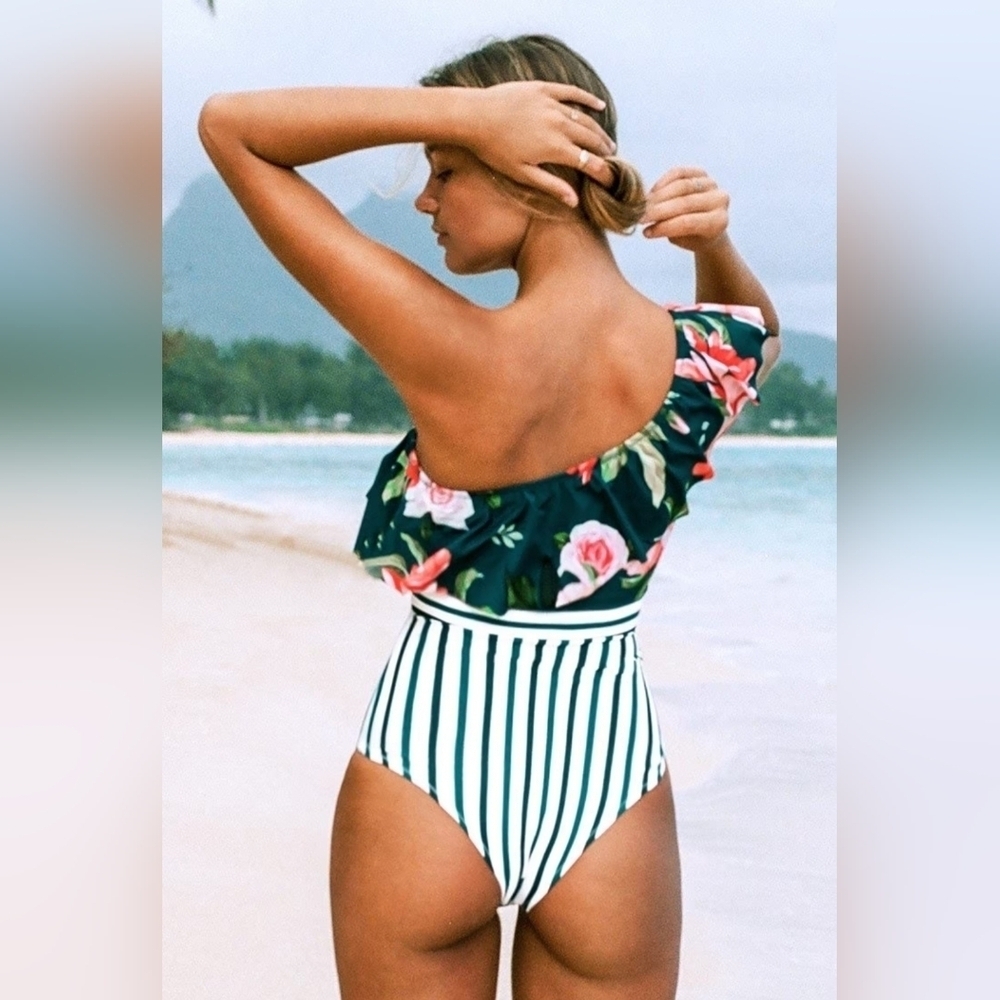 Cupshe Ellis Riviera Floral & Stripes Ruffled Asymmetrical Swimsuit - Picture 9 of 9